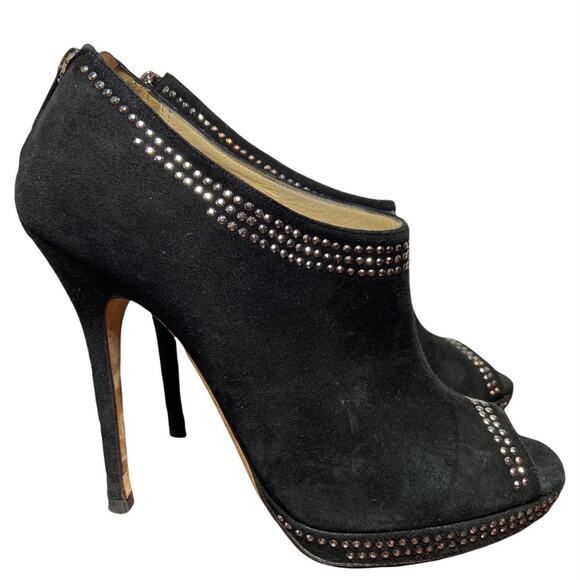 Jimmy Choo Peep Toe Heels Suede Bootie Studded Platform Zip Black Silver 7.5 - Picture 1 of 4